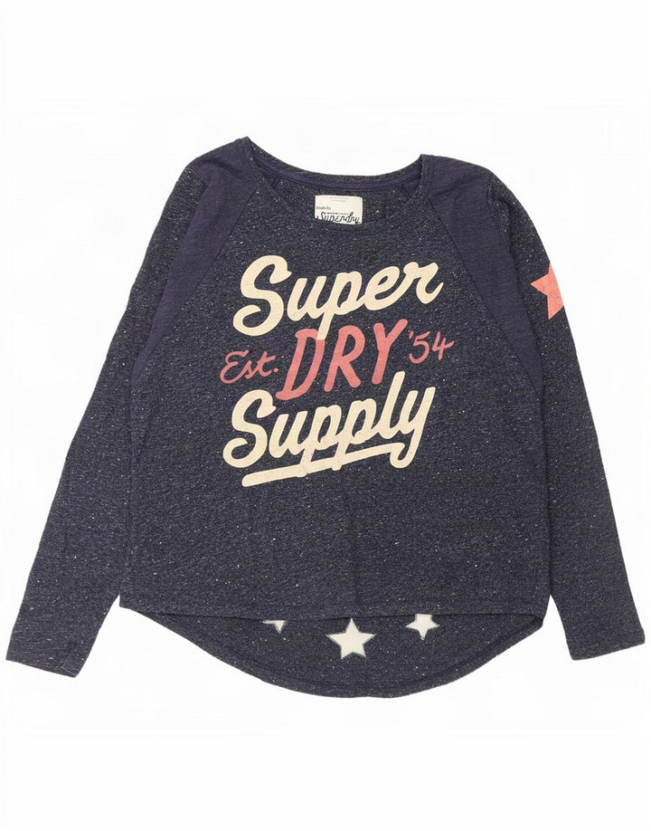 Superdry Womens Graphic Top Long Sleeve UK 14 Medium Navy Blue Flecked