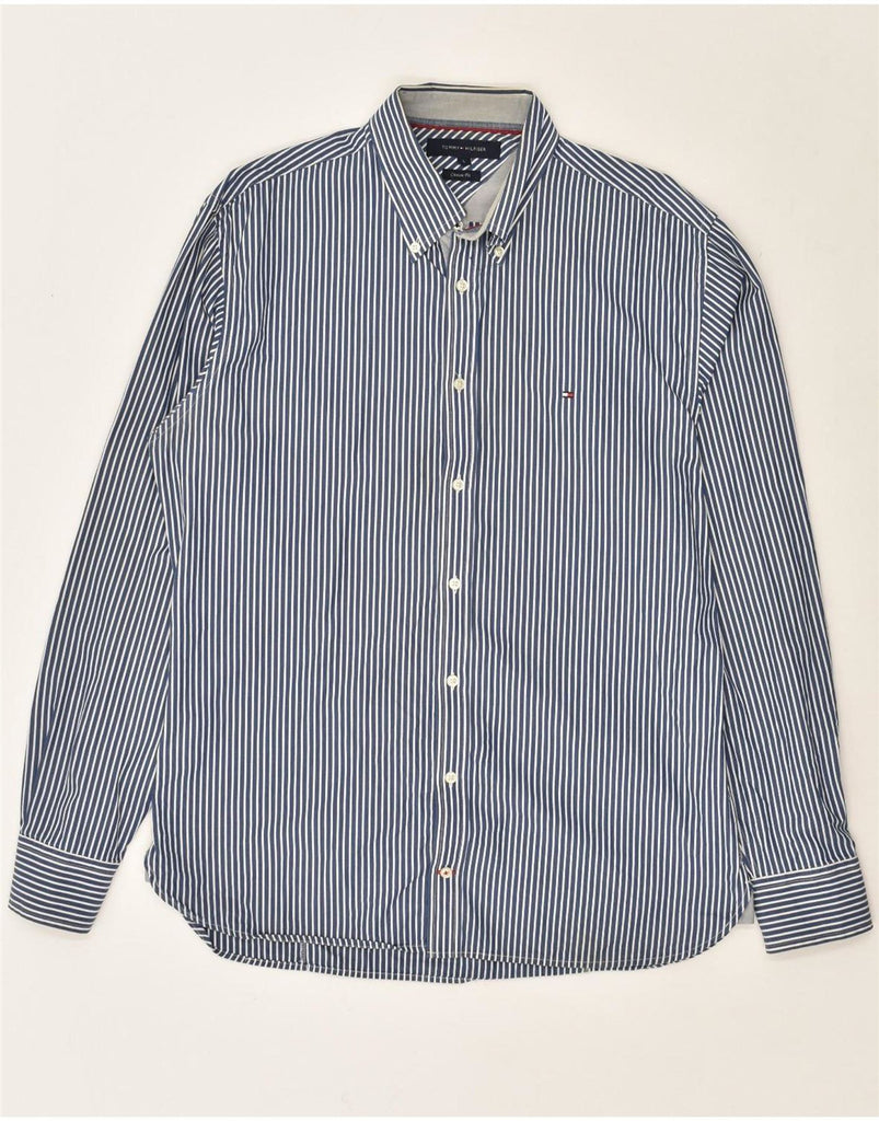 TOMMY HILFIGER Mens Custom Fit Shirt Large Navy Blue Striped Cotton | Vintage Tommy Hilfiger | Thrift | Second-Hand Tommy Hilfiger | Used Clothing | Messina Hembry 