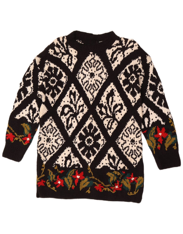 Vintage Womens Handmade Crew Neck Jumper Sweater UK 14 Medium Black Floral