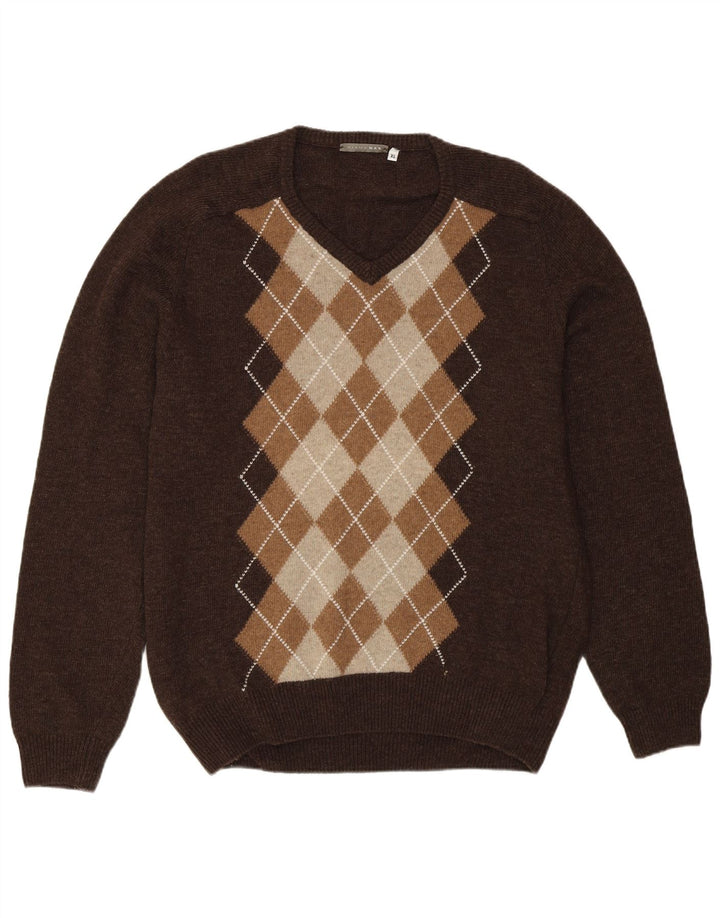 Vintage Mens V-Neck Jumper Sweater XL Brown Argyle/Diamond Wool