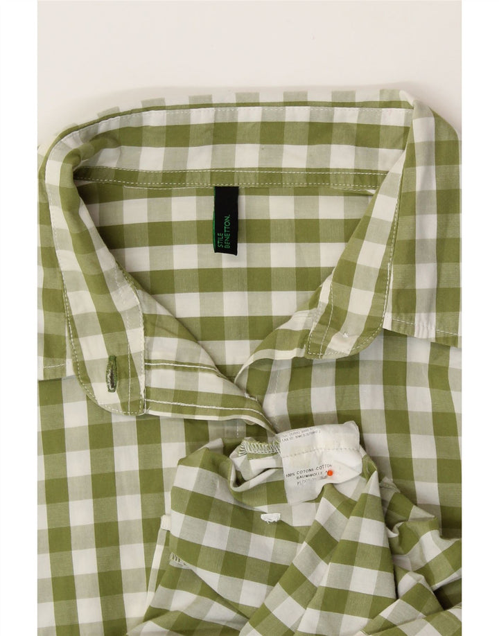 BENETTON Womens Shirt UK 12 Medium Green Gingham Cotton
