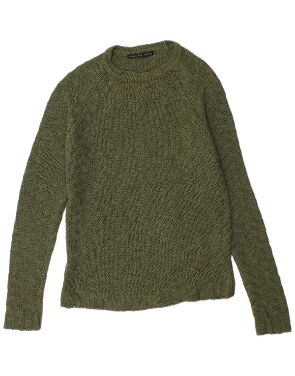 ZARA Mens Crew Neck Jumper Sweater Large Khaki Cotton