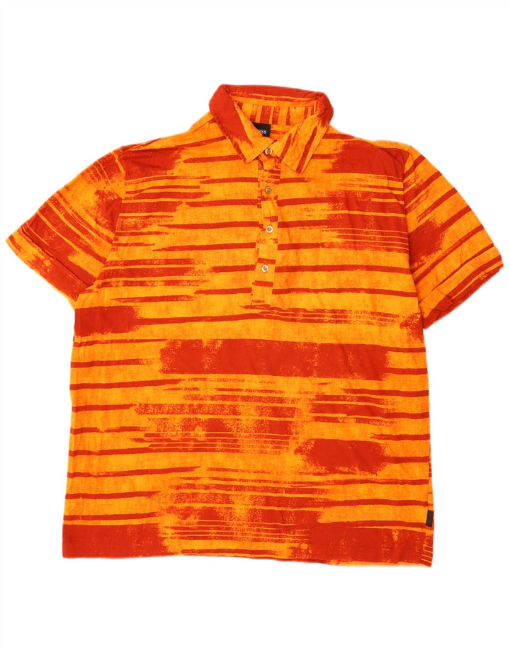 HUGO BOSS Mens Short Sleeve Pullover Shirt XL Orange Striped Cotton