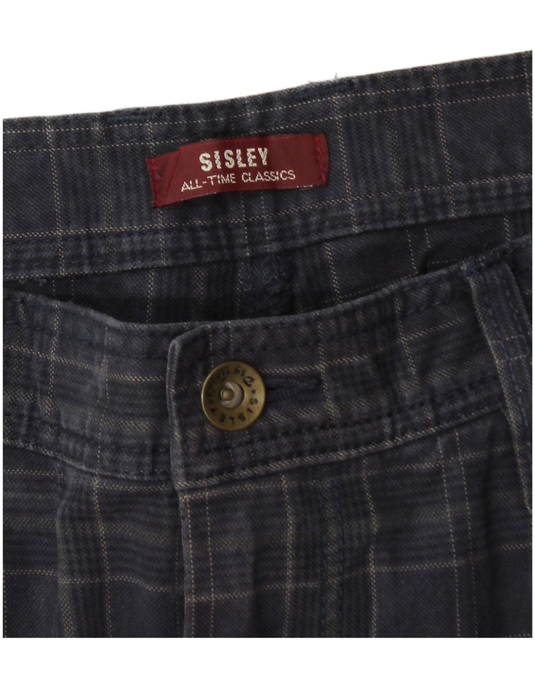Sisley Mens Straight Cargo Trousers W34 L33 Navy Blue Check