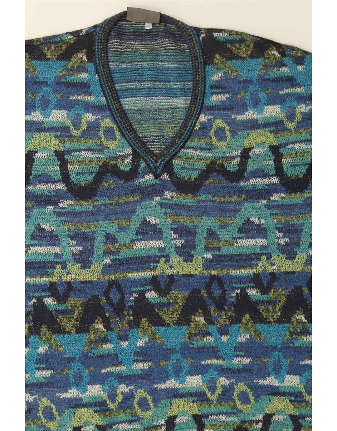 FIUME Mens V-Neck Jumper Sweater IT 52 Large Blue Fair Isle Cotton Vintage Fiume and Second-Hand Fiume from Messina Hembry 