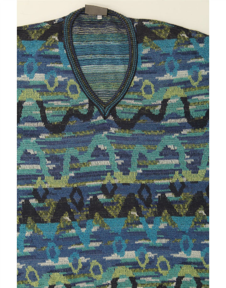 FIUME Mens V-Neck Jumper Sweater IT 52 Large Blue Fair Isle Cotton Vintage Fiume and Second-Hand Fiume from Messina Hembry 