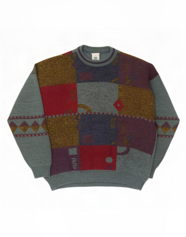 New Fast Mens By C&A Crew Neck Jumper Sweater XL Green Geometric Acrylic