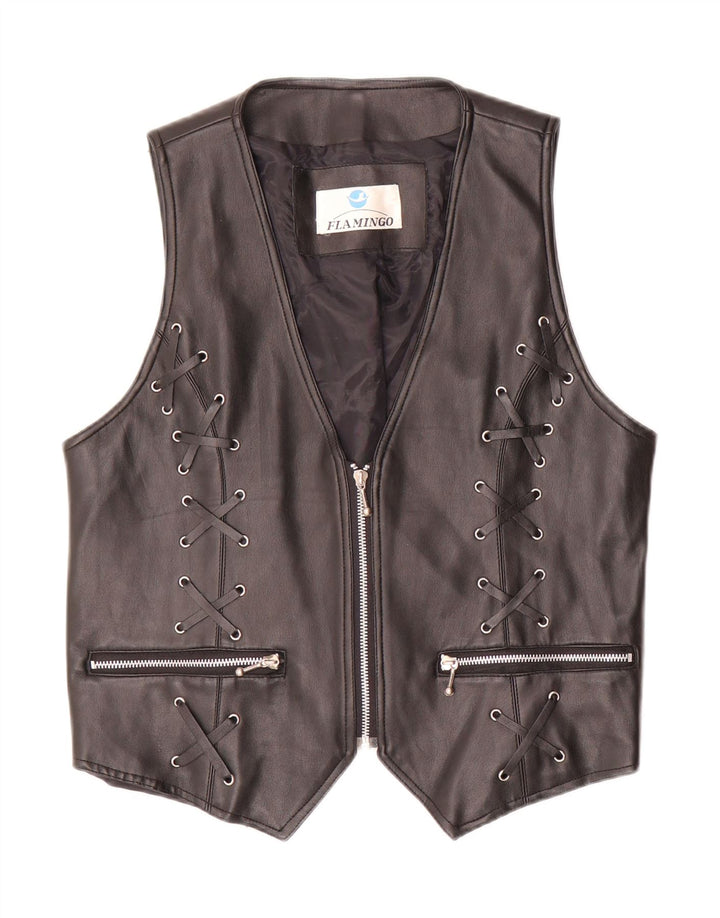 Vintage Womens Leather Waistcoat UK 20 2XL Black