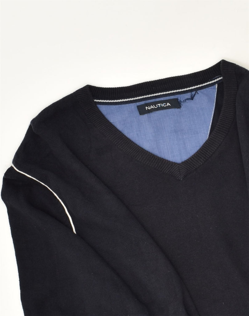 NAUTICA Mens V-Neck Jumper Sweater Large Navy Blue Colourblock Cotton | Vintage Nautica | Thrift | Second-Hand Nautica | Used Clothing | Messina Hembry 