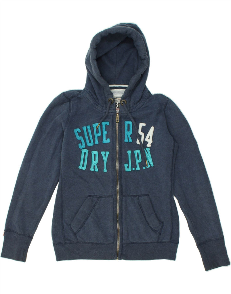 SUPERDRY Womens Graphic Zip Hoodie Sweater UK 12 Medium Navy Blue Cotton | Vintage Superdry | Thrift | Second-Hand Superdry | Used Clothing | Messina Hembry 