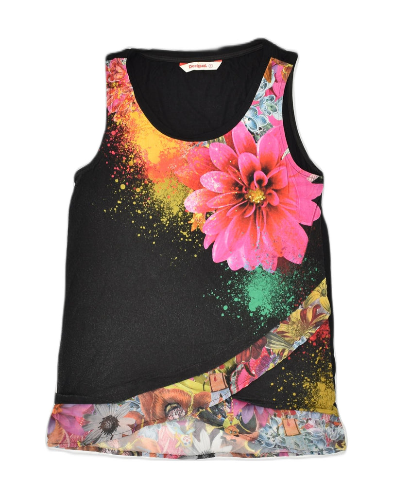 DESIGUAL Womens Graphic Vest Top UK 10 Small Black Floral Viscose | Vintage Desigual | Thrift | Second-Hand Desigual | Used Clothing | Messina Hembry 