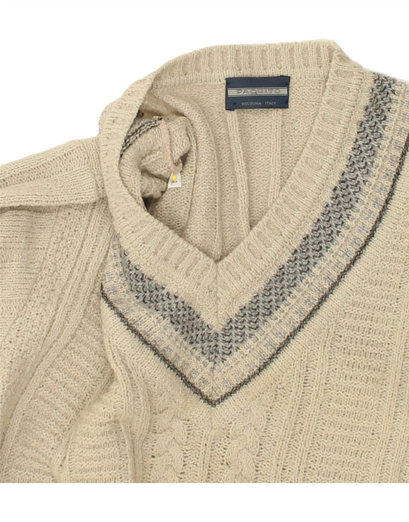 PAQUITO Mens V-Neck Jumper Sweater Large Beige | Vintage Paquito | Thrift | Second-Hand Paquito | Used Clothing | Messina Hembry 