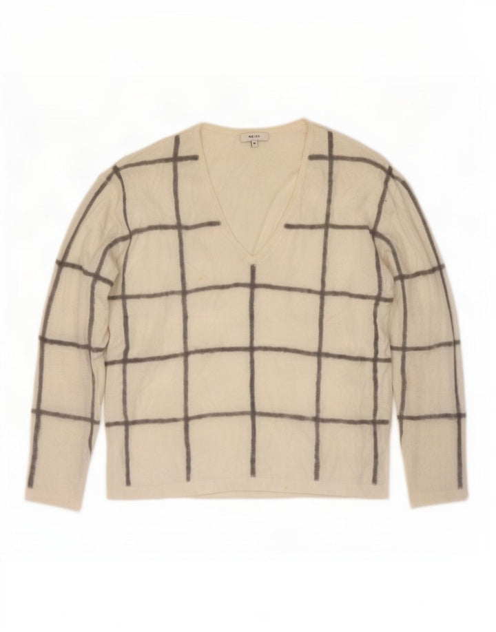 Reiss Womens V-Neck Jumper Sweater UK 14 Medium White Check Polyester