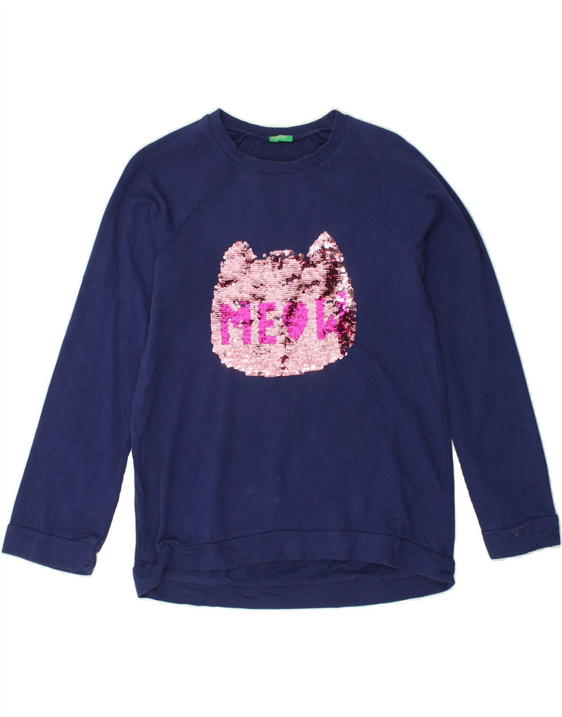 BENETTON Girls Graphic Sweatshirt Jumper 10-11 Years XL Navy Blue Cotton | Vintage Benetton | Thrift | Second-Hand Benetton | Used Clothing | Messina Hembry 