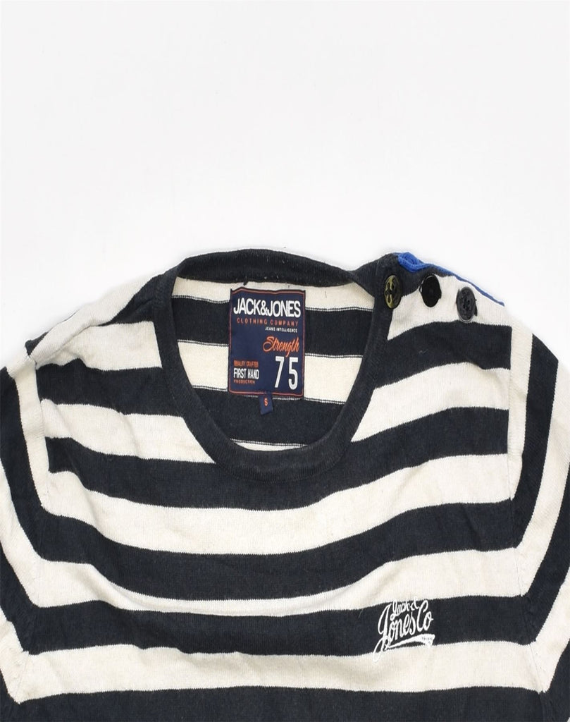 JACK & JONES Mens Crew Neck Jumper Sweater Small Navy Blue Striped | Vintage | Thrift | Second-Hand | Used Clothing | Messina Hembry 