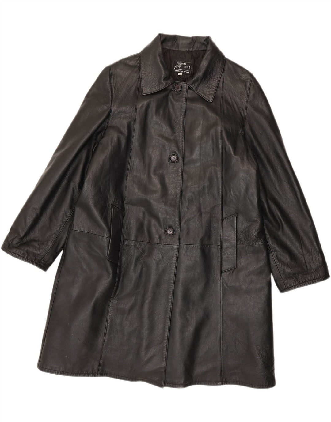 Vintage Womens Oversized Leather Coat UK 10 Small Black Leather