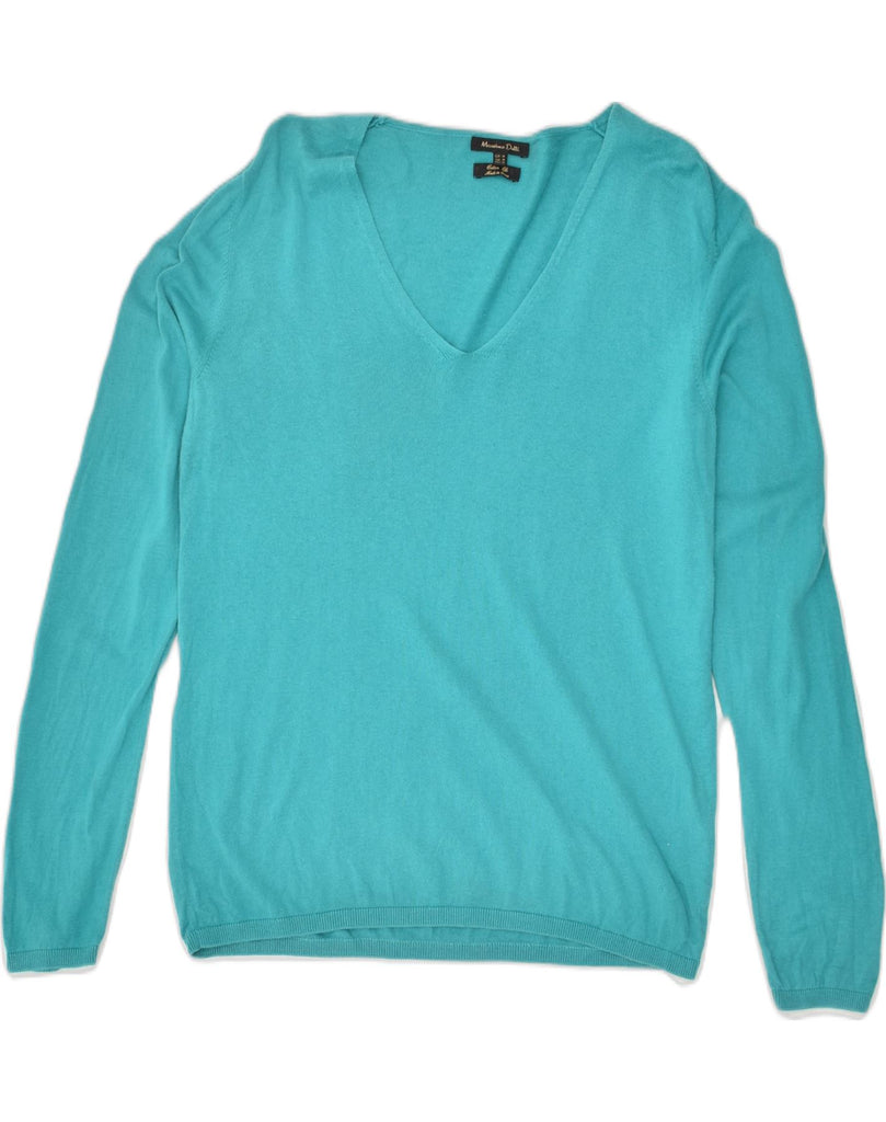 MASSIMO DUTTI Womens V-Neck Jumper Sweater UK 12 Medium Turquoise Cotton | Vintage Massimo Dutti | Thrift | Second-Hand Massimo Dutti | Used Clothing | Messina Hembry 