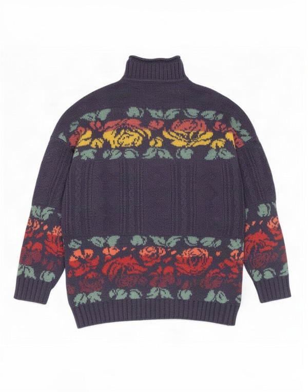 Vintage Womens Turtle Neck Jumper Sweater UK 16 Large Navy Blue Floral