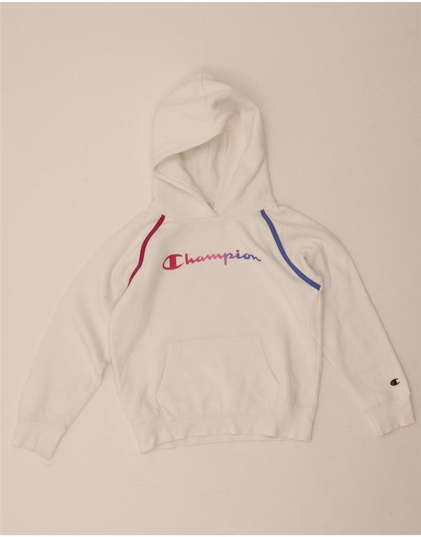Champion Girls Graphic Hoodie Jumper 9-10 Years Medium White Striped Cotton
