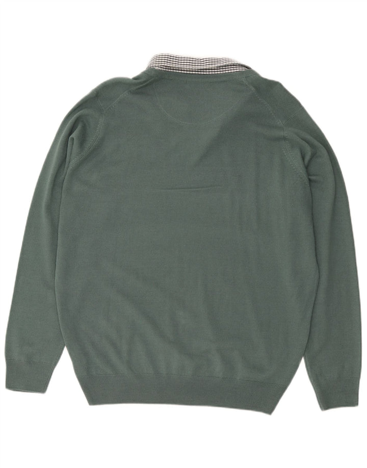 JAMES PRINGLE Mens V-Neck Jumper Sweater Large Green Check Acrylic