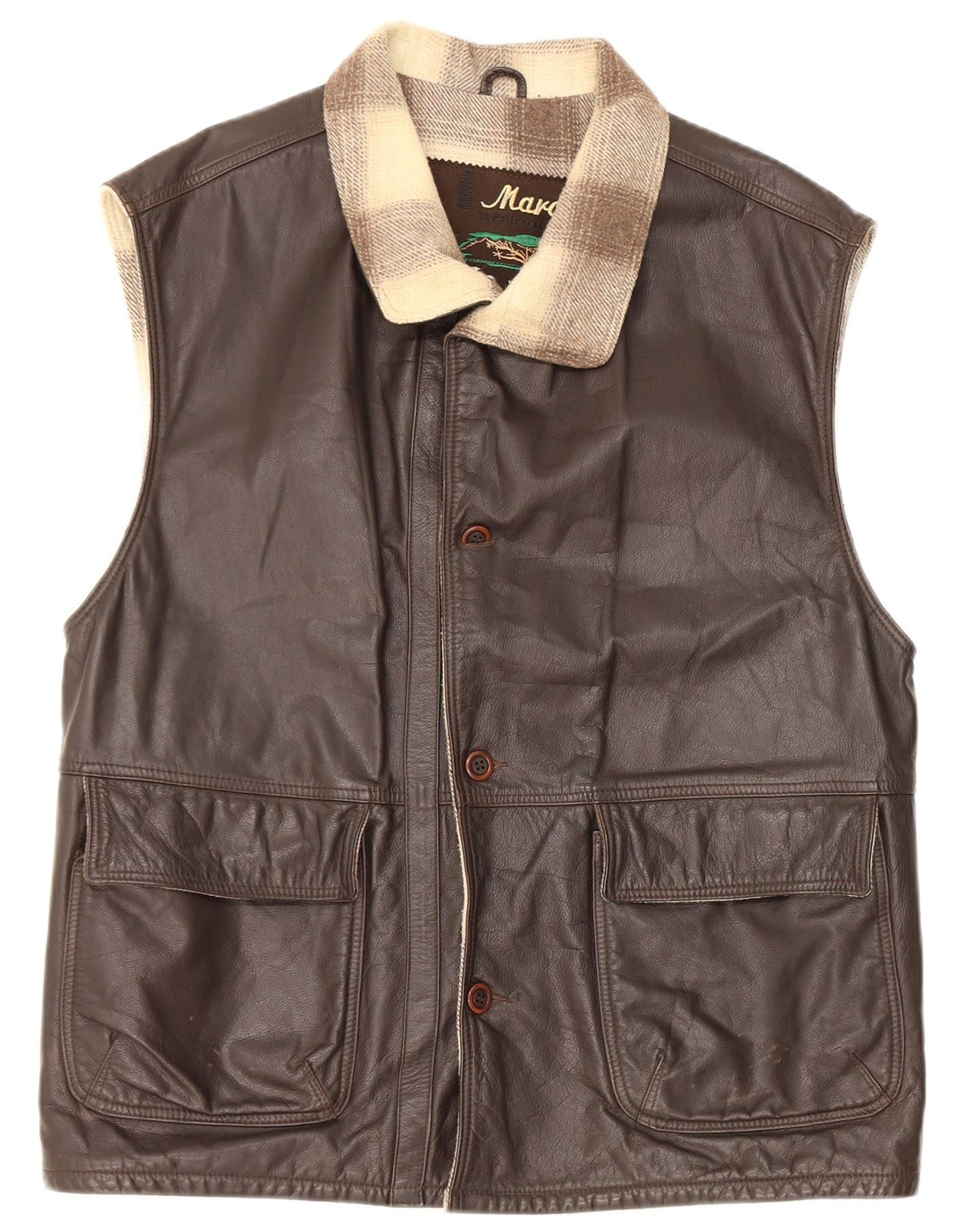 Vintage Mens Leather Gilet IT 48 Medium Brown Colourblock Leather