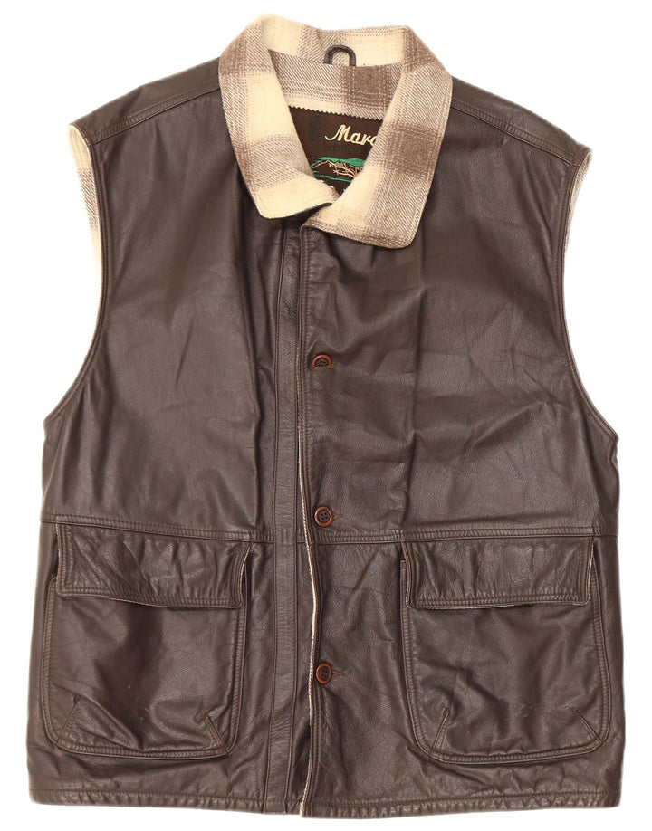 Vintage Mens Leather Gilet IT 48 Medium Brown Colourblock Leather
