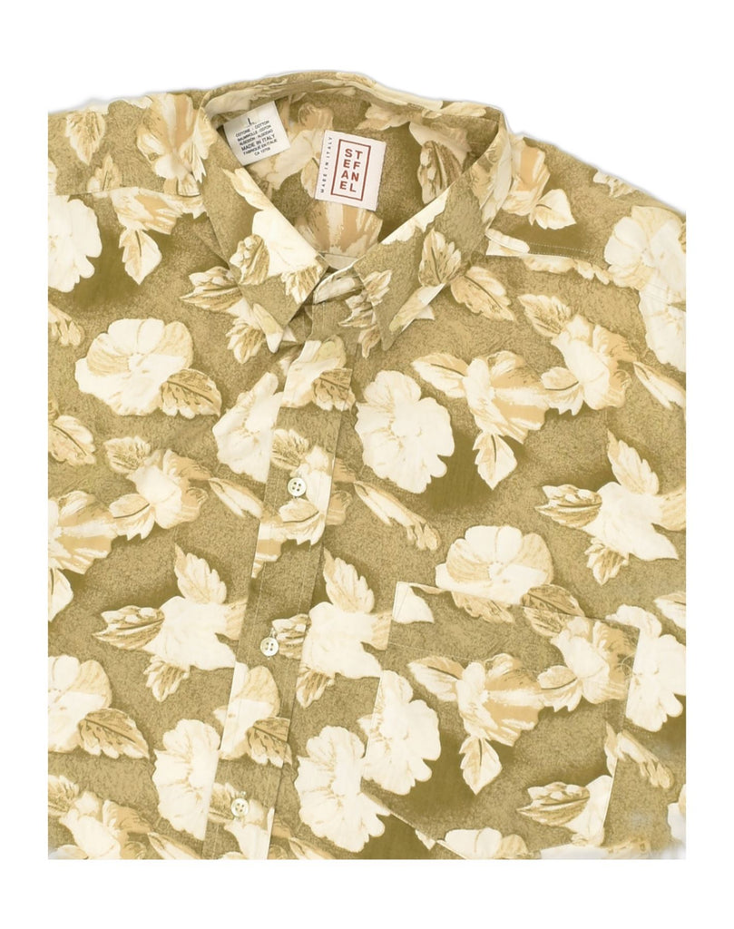 STEFANEL Mens Short Sleeve Shirt Large Khaki Floral Cotton | Vintage Stefanel | Thrift | Second-Hand Stefanel | Used Clothing | Messina Hembry 