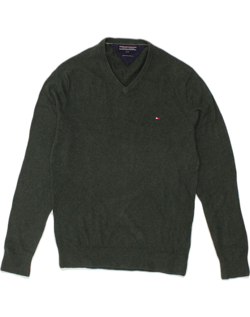 TOMMY HILFIGER Mens V-Neck Jumper Sweater Medium Green Cotton | Vintage Tommy Hilfiger | Thrift | Second-Hand Tommy Hilfiger | Used Clothing | Messina Hembry 