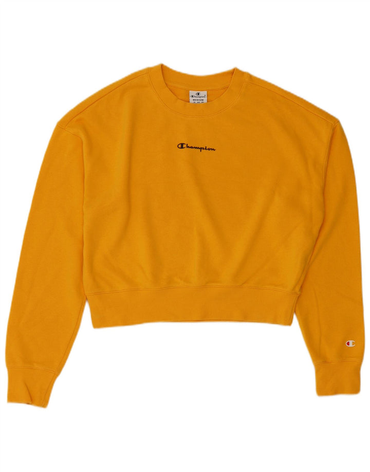 CHAMPION Womens Crop Sweatshirt Jumper UK 14 Medium Yellow Cotton