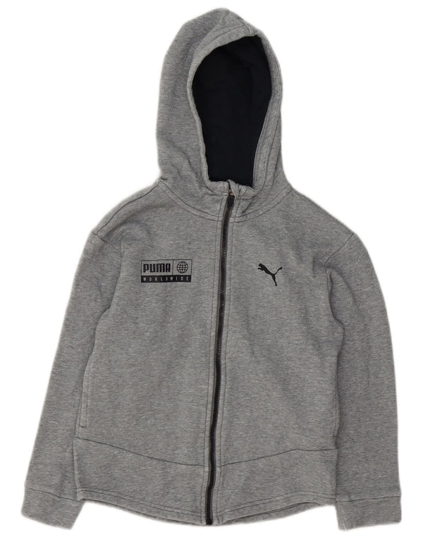 PUMA Boys Graphic Zip Hoodie Sweater 9-10 Years Grey Cotton
