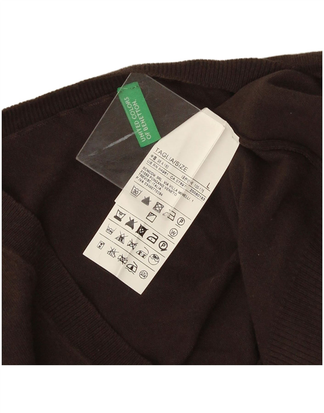 Benetton Mens V-Neck Jumper Sweater Large Brown Cotton