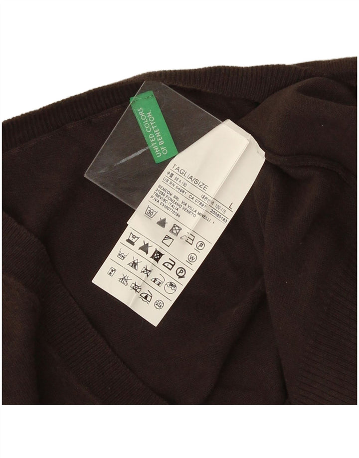 Benetton Mens V-Neck Jumper Sweater Large Brown Cotton