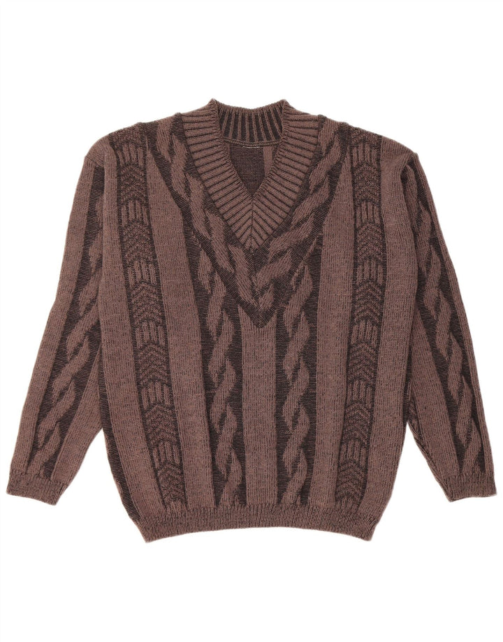 Vintage Mens V-Neck Jumper Sweater Large Brown Geometric