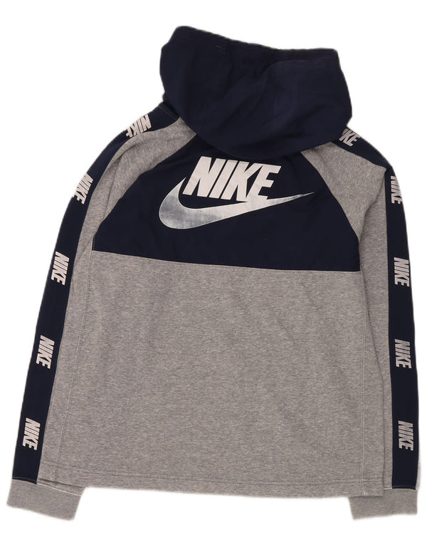 NIKE Boys Graphic Hoodie Jumper 13-14 Years XL Grey Colourblock Cotton