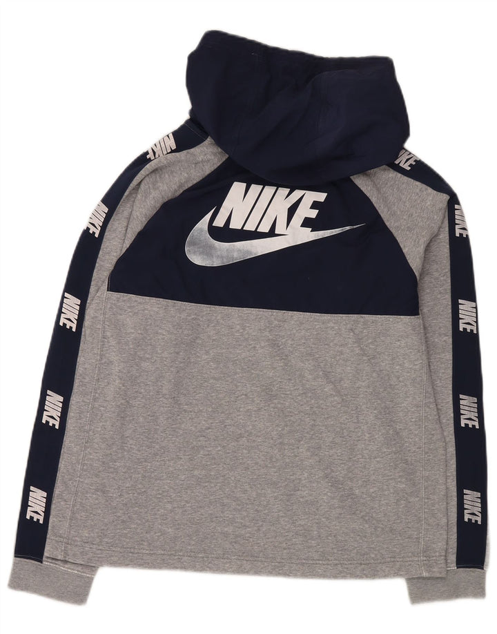 NIKE Boys Graphic Hoodie Jumper 13-14 Years XL Grey Colourblock Cotton