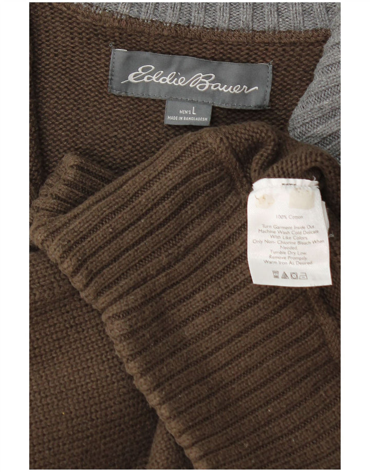 EDDIE BAUER Mens Zip Neck Jumper Sweater Large Brown Cotton