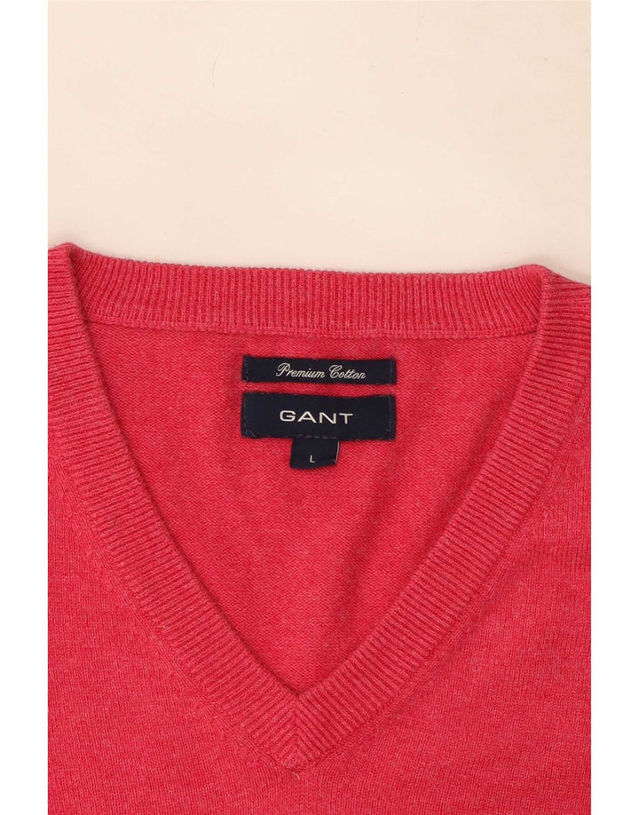 Gant Mens V-Neck Jumper Sweater Large Pink Cotton