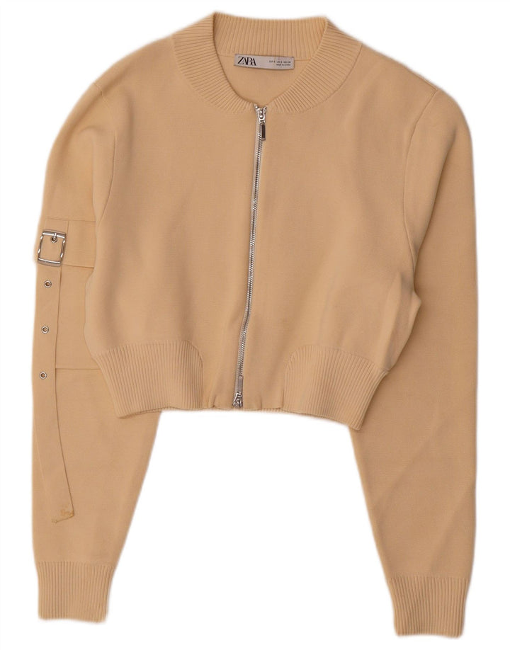 Zara Womens Crop Cardigan Sweater UK 10 Small Beige Polyamide