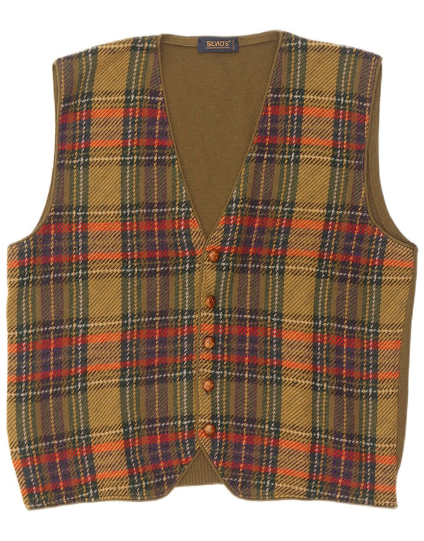 Vintage Mens Sleeveless Cardigan Sweater IT 54 XL Khaki Check Wool