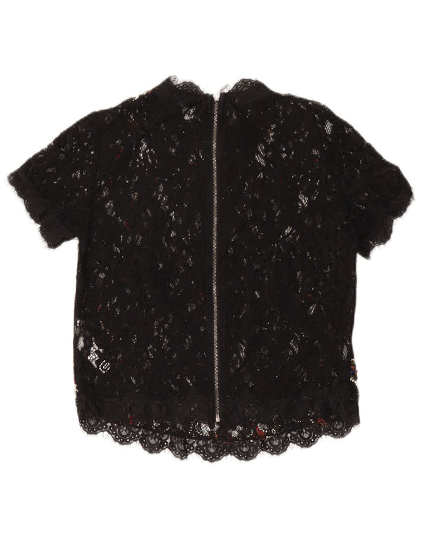 ZARA Womens See Through Lace Blouse Top UK 10 Small Black Floral Nylon