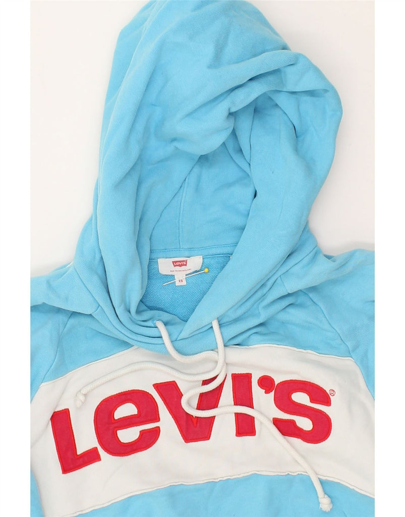 LEVI'S Womens Graphic Crop Hoodie Jumper UK 6 XS Blue Colourblock | Vintage Levi's | Thrift | Second-Hand Levi's | Used Clothing | Messina Hembry 