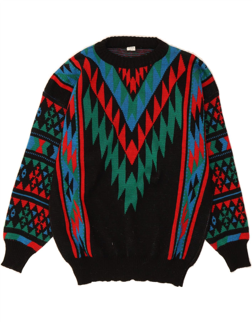 VINTAGE Mens Crew Neck Jumper Sweater Small Black Geometric Acrylic Vintage Vintage and Second-Hand Vintage from Messina Hembry 