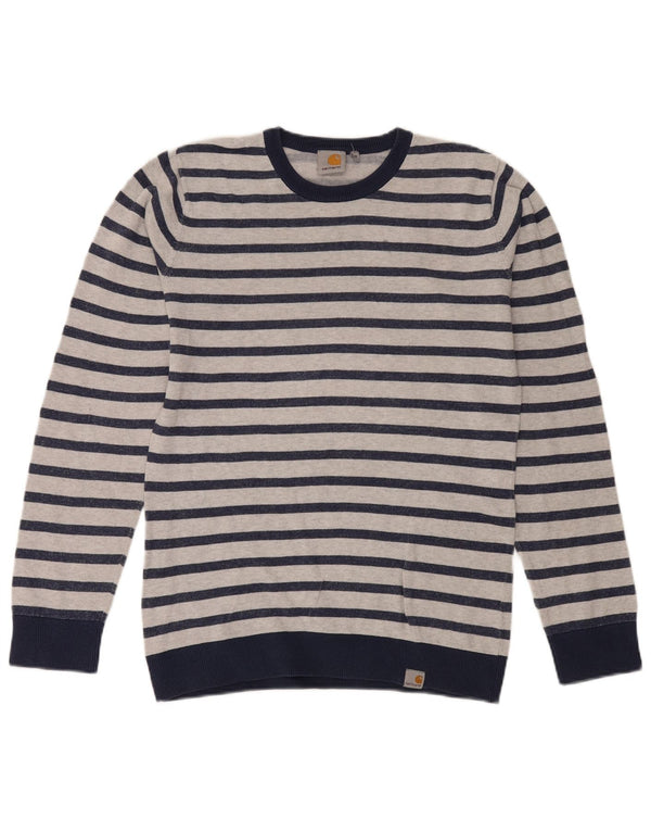 Carhartt Mens Crew Neck Jumper Sweater Medium Navy Blue Striped Cotton