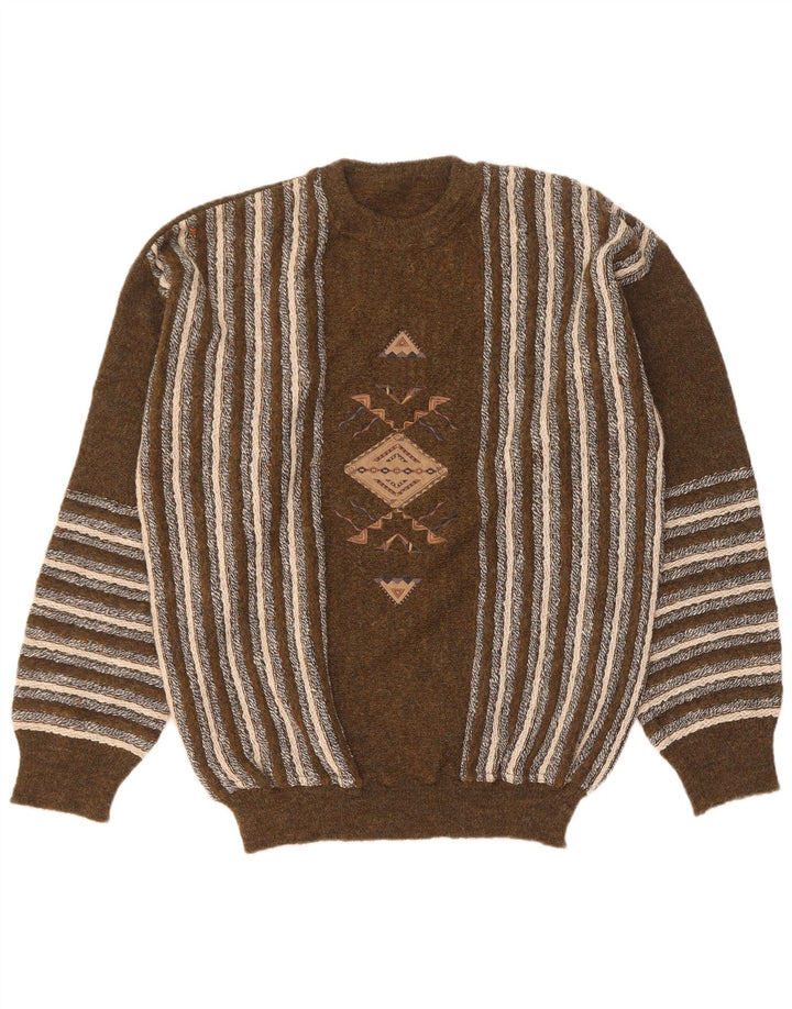 Vintage Mens Graphic Crew Neck Jumper Sweater Large Brown Striped