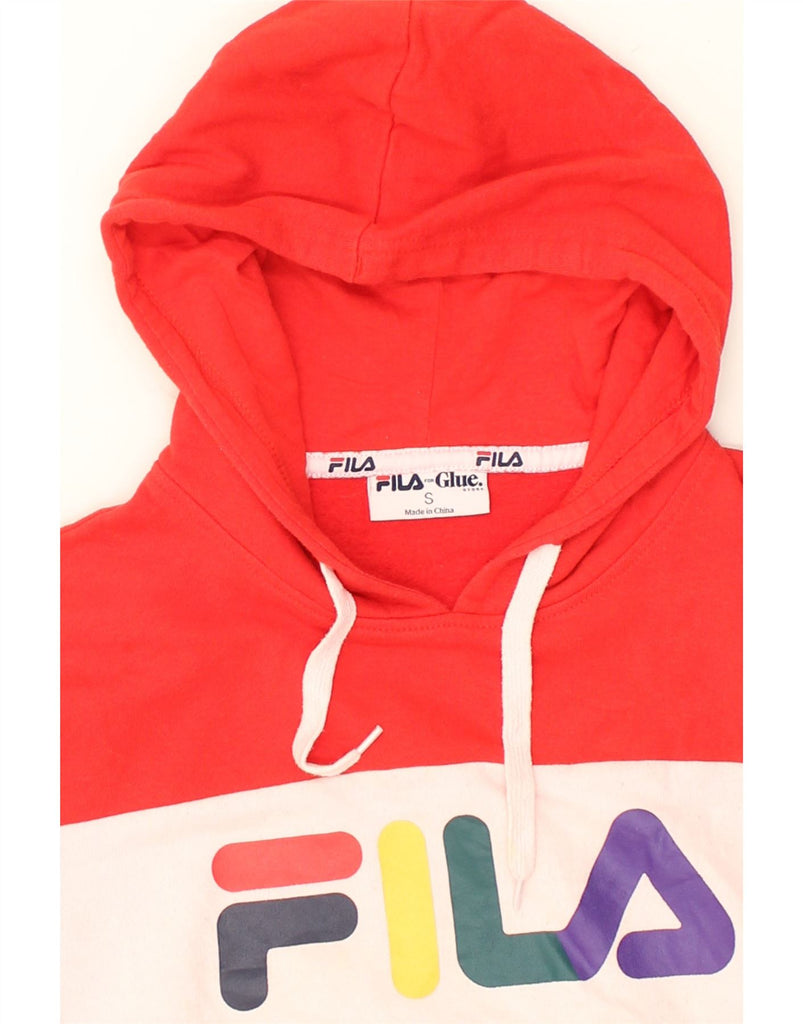 FILA Womens Oversized Crop Hoodie Jumper UK 10 Small Red Colourblock | Vintage Fila | Thrift | Second-Hand Fila | Used Clothing | Messina Hembry 