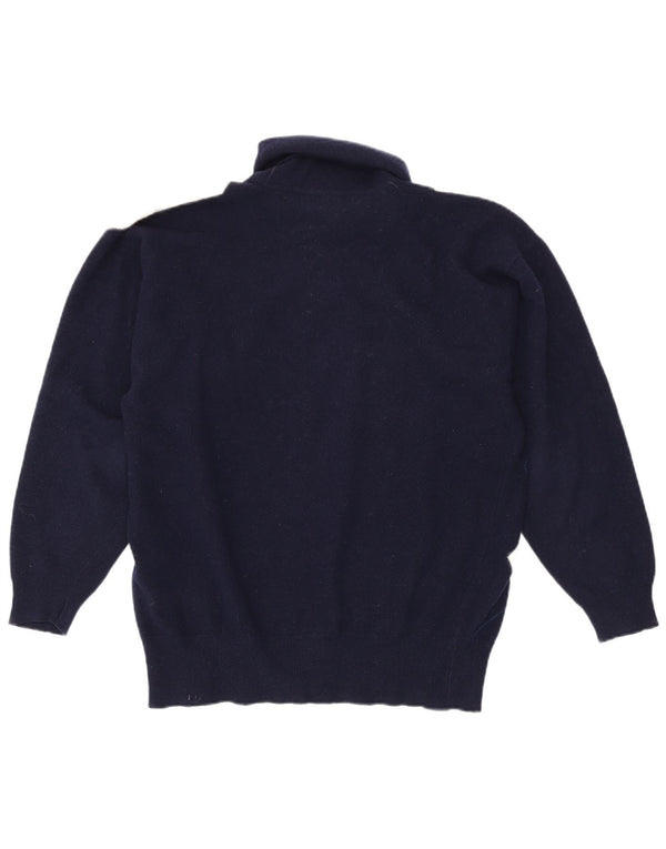 Vintage Mens Roll Neck Jumper Sweater Medium Navy Blue Argyle/Diamond