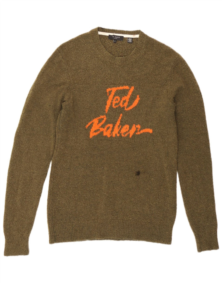 Ted Baker Mens Graphic Crew Neck Jumper Sweater Size 2 Small Khaki Wool
