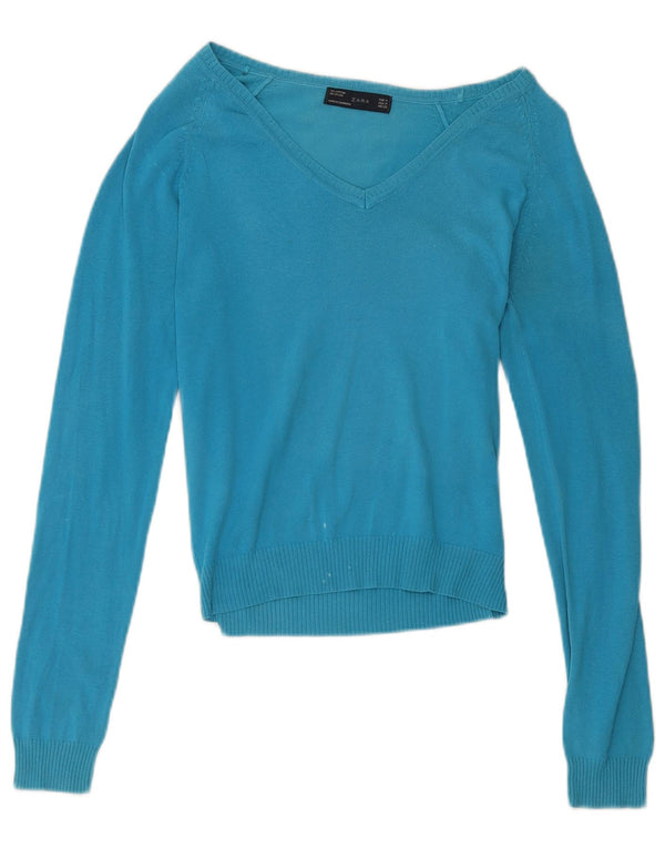 Zara Womens Crop V-Neck Jumper Sweater UK 12 Medium Blue Cotton