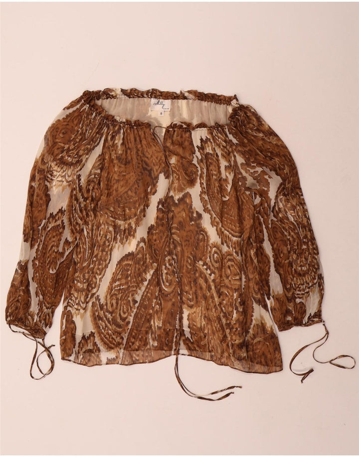 Milly Womens 3/4 Sleeve Off Shoulder Top US 8 Medium Brown Paisley Silk