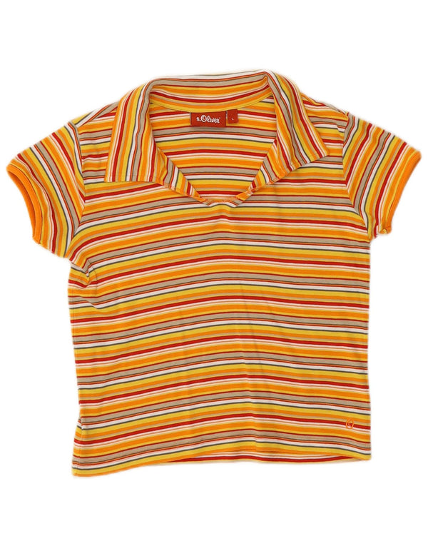 S.Oliver Womens Crop Polo Shirt UK 14 Large Yellow Striped Cotton